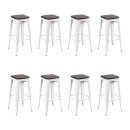 Kit com 8 Banquetas altas Iron Tolix com assento de madeira rústica escura - 76 cm - Branco