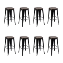 Kit com 8 Banquetas altas Iron Tolix com assento de madeira rústica escura - 76 cm - Preto