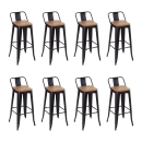 Kit com 8 Banquetas altas Iron Tolix com encosto e assento de madeira rústica clara 76 cm - Preto