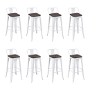 Kit com 8 Banquetas altas Iron Tolix com encosto e assento de madeira rústica escura - Branco
