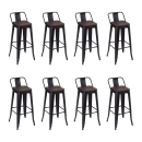 Kit com 8 Banquetas altas Iron Tolix com encosto e assento de madeira rústica escura - Preto