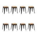 Kit com 8 Banquetas baixas Iron Tolix com assento de madeira rústica clara 45 cm - Preto
