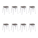 Kit com 8 Banquetas baixas Iron Tolix com assento de madeira rústica escura - Branco