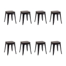 Kit com 8 Banquetas baixas Iron Tolix com assento de madeira rústica escura - Preto