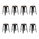 Kit com 8 Banquetas Iron Tolix com assento de madeira rústica escura - 66 cm - Preto