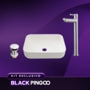 Kit Cuba de Apoio Slim Fluorita com Válvula de Escoamento Para Cuba e Torneira para Banheiro em Aço Alta Amazonas Pingoo.casa - Branco e Prata