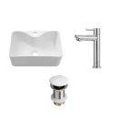 Kit Cuba de Apoio Slim Retangular com Válvula de Escoamento e Torneira para Banheiro Baixa Amazonas Pingoo.casa - Branco e Prata