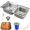 Kit Cuba para Cozinha Gourmet Pia Dupla Aço Inox com Acessórios e Tábua de Corte e Lixeira 5L Ticunas Prata