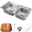 Kit Cuba para Cozinha Gourmet Pia Dupla Aço Inox com Acessórios e Tábua de Corte Ticunas Prata