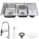 Kit Cuba para Cozinha Pia Dupla em Aço Inox com Acessórios com Lixeira Caiapós e Torneira Gourmet Munim Prata