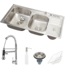 Kit Cuba para Cozinha Pia Dupla em Aço Inox com Acessórios com Lixeira Nukini e Torneira Gourmet Munim Prata