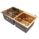 Kit Cuba para Cozinha Pia Dupla em Aço Inox com Acessórios e Tábua de Corte Awá Dourado
