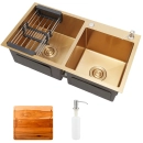 Kit Cuba para Cozinha Pia Dupla em Aço Inox com Acessórios e Tábua de Corte Awá Dourado