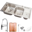 Kit Cuba para Cozinha Pia Dupla em Aço Inox Nukini com Acessórios Lixeira e Tábua de Corte e Torneira Gourmet Munim Prata