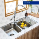 Kit Cuba para Cozinha Pia Dupla em Aço Inox Nukini com Acessórios Lixeira e Tábua de Corte e Torneira Gourmet Munim Prata