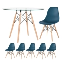Kit - Mesa de vidro Eames 100 cm + 5 cadeiras Eiffel Dsw azul petróleo
