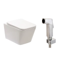 Kit Vaso Sanitário Suspenso Saída Horizontal Esmeralda e Ducha Manual Jacuí Pingoo.casa - Branco e Prata