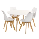Mesa de jantar redonda branco 120 cm + 4 cadeiras estofadas Leda - Branco