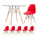 Mesa de vidro Eames 100 cm + 5 cadeiras Eiffel DSW vermelho