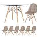 Mesa Eames com tampo de vidro 120 cm + 6 cadeiras estofadas Eiffel Botonê - Nude