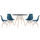 Mesa redonda Eames 100 cm preto + 4 cadeiras Eiffel DSW - Azul Petróleo