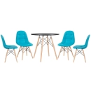 Mesa redonda Eames 80 cm preto + 4 cadeiras estofadas Eiffel Botonê Azul Piscina