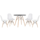 Mesa redonda Eames 80 cm preto + 4 cadeiras estofadas Eiffel Botonê Branco