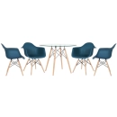Mesa redonda Eames com tampo de vidro 100 cm + 4 cadeiras Eiffel DAW - Azul Petróleo