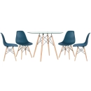 Mesa redonda Eames com tampo de vidro 100 cm + 4 cadeiras Eiffel DSW - Azul Petróleo