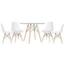 Mesa redonda Eames com tampo de vidro 100 cm + 4 cadeiras Eiffel DSW - Branco