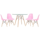 Mesa redonda Eames com tampo de vidro 100 cm + 4 cadeiras Eiffel DSW - Rosa