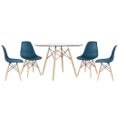 Mesa redonda Eames com tampo de vidro 120 cm + 4 cadeiras Eiffel DSW - Azul Petróleo