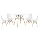 Mesa redonda Eames com tampo de vidro 120 cm + 4 cadeiras Eiffel DSW - Branco