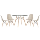 Mesa redonda Eames com tampo de vidro 120 cm + 4 cadeiras Eiffel DSW - Nude