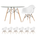 Mesa redonda Eames com tampo de vidro 120 cm + 6 cadeiras Eiffel DAW - Branco