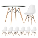 Mesa redonda Eames com tampo de vidro 120 cm + 6 cadeiras Eiffel DSW - Branco