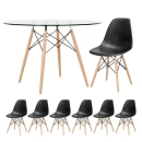 Mesa redonda Eames com tampo de vidro 120 cm + 6 cadeiras Eiffel DSW - Preto