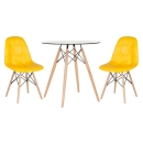 Mesa redonda Eames com tampo de vidro 70 cm + 2 cadeiras Eiffel Botonê- Amarelo