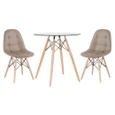 Mesa redonda Eames com tampo de vidro 70 cm + 2 cadeiras Eiffel Botonê- Nude