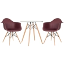 Mesa redonda Eames com tampo de vidro 70 cm + 2 cadeiras Eiffel DAW - Marrom