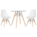 Mesa redonda Eames com tampo de vidro 70 cm + 2 cadeiras Eiffel DSW - Branco