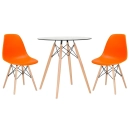 Mesa redonda Eames com tampo de vidro 70 cm + 2 cadeiras Eiffel DSW - Laranja