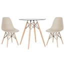 Mesa redonda Eames com tampo de vidro 70 cm + 2 cadeiras Eiffel DSW - Nude