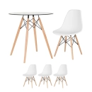 Mesa redonda Eames com tampo de vidro 70 cm + 3 cadeiras Eiffel DSW - Branco