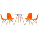Mesa redonda Eames com tampo de vidro 70 cm + 4 cadeiras Eiffel DSW - Laranja