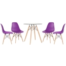 Mesa redonda Eames com tampo de vidro 70 cm + 4 cadeiras Eiffel DSW - Roxo