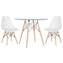 Mesa redonda Eames com tampo de vidro 80 cm + 2 cadeiras Eiffel DSW - Branco