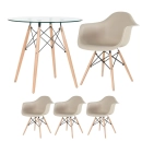 Mesa redonda Eames com tampo de vidro 80 cm + 3 cadeiras Eiffel DAW - Nude