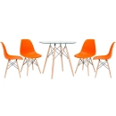 Mesa redonda Eames com tampo de vidro 80 cm + 4 cadeiras Eiffel DSW - Laranja