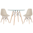 Mesa redonda Eames com tampo de vidro 90 cm + 2 cadeiras Eiffel DSW Nude